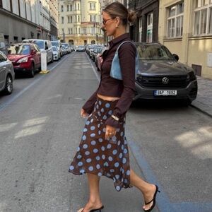 Sold Out Zara Brown & Blue Polka Dot Skirt